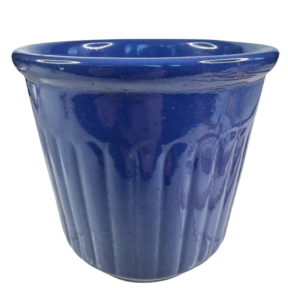 Redwing 1930s Glazed Ceramic Beater Jar Bowl Blue Ridged 5x5.25" Flaw Vintage - Picture 7 of 16